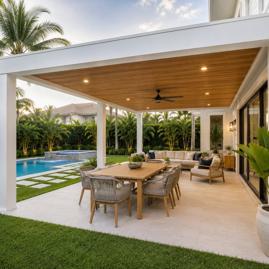 Covered terrace with white columns and a timber soffit beside a pool at dusk
