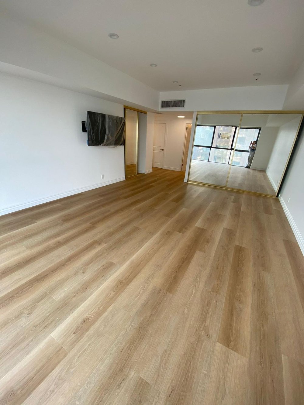 Wide-plank wood-look flooring in a finished living room