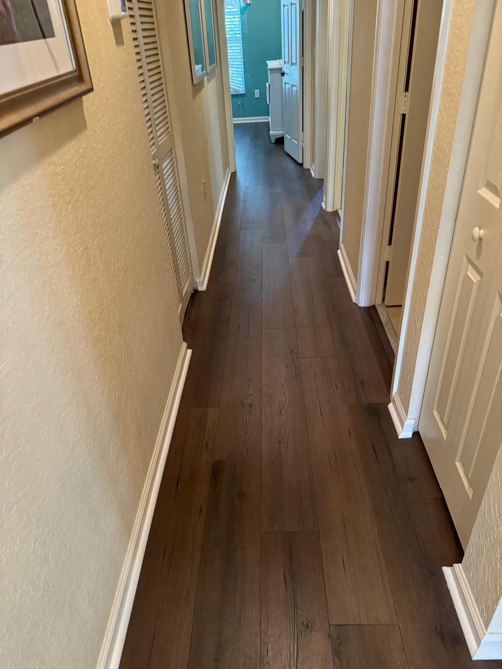 Plank flooring through a hallway with panelled doors