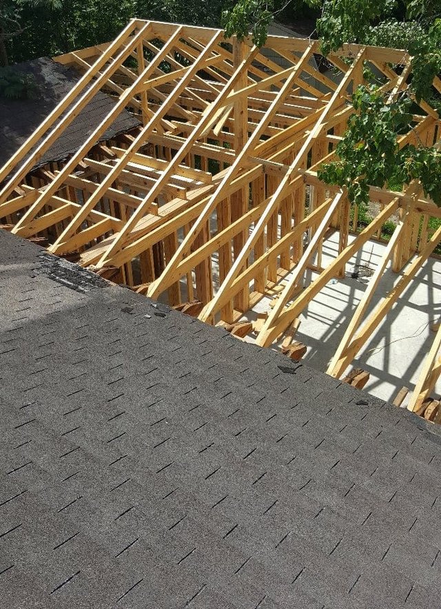 Asphalt shingle roof field with ridge and hip detail