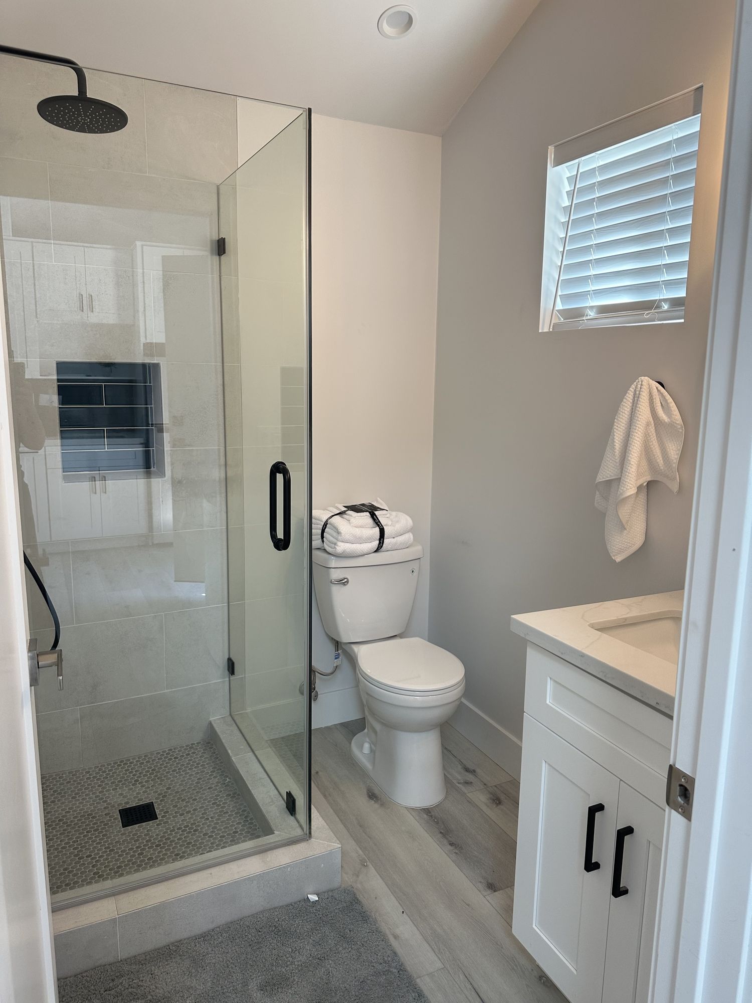 Bathroom in an accessory dwelling unit with a glass shower enclosure, vanity and skylight
