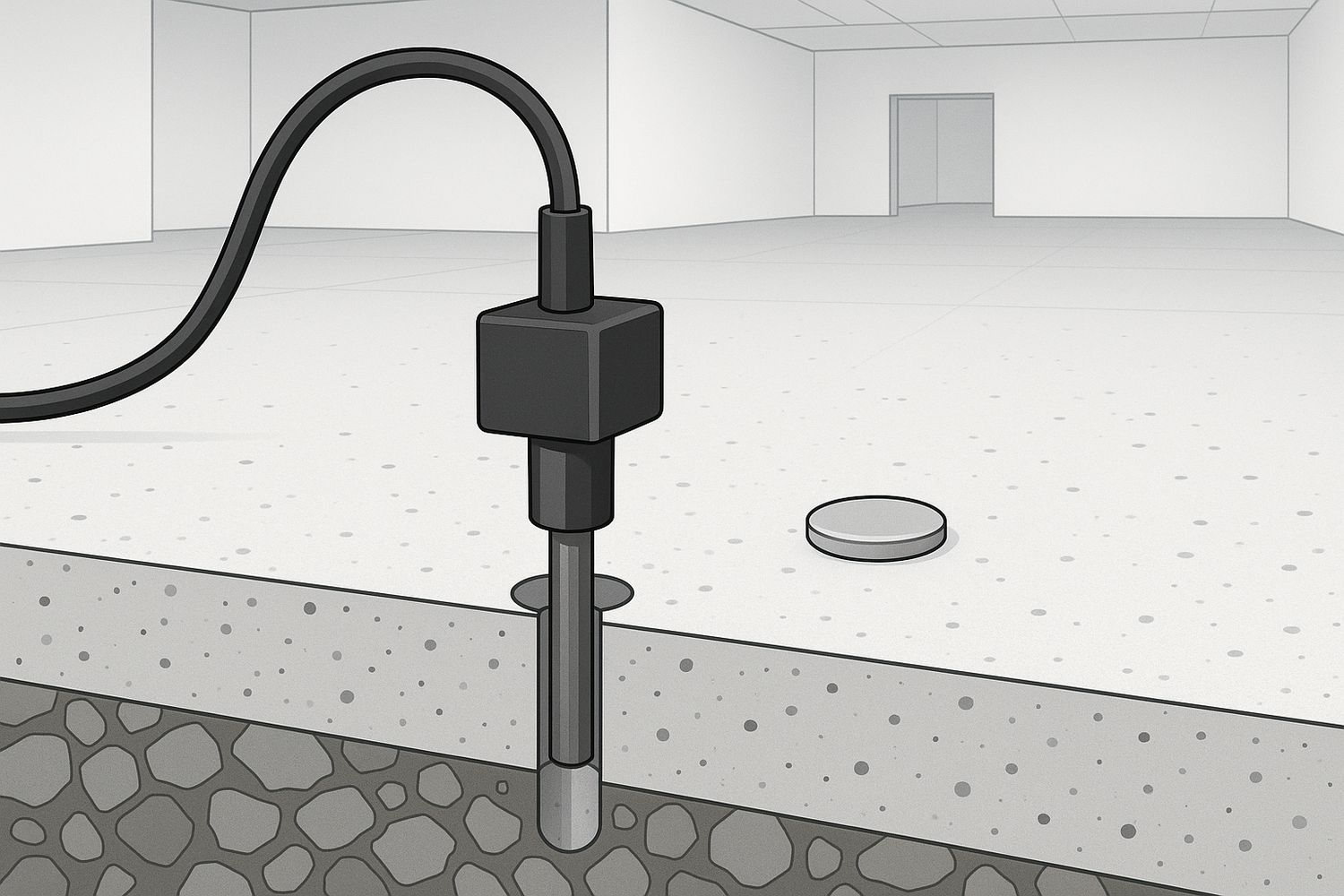 Illustration of relative-humidity probes set into a concrete slab for moisture testing (illustration)