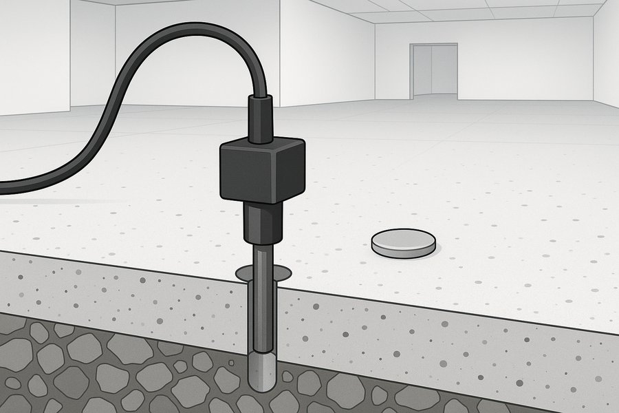 Illustration of relative-humidity probes set into a concrete slab for moisture testing (illustration)