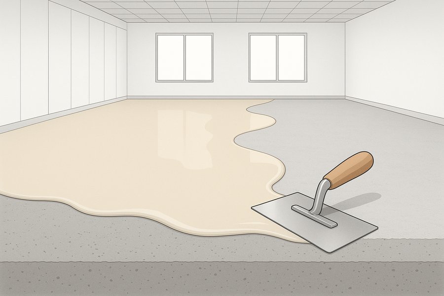 Illustration of self-levelling compound spread over a prepared concrete subfloor (illustration)