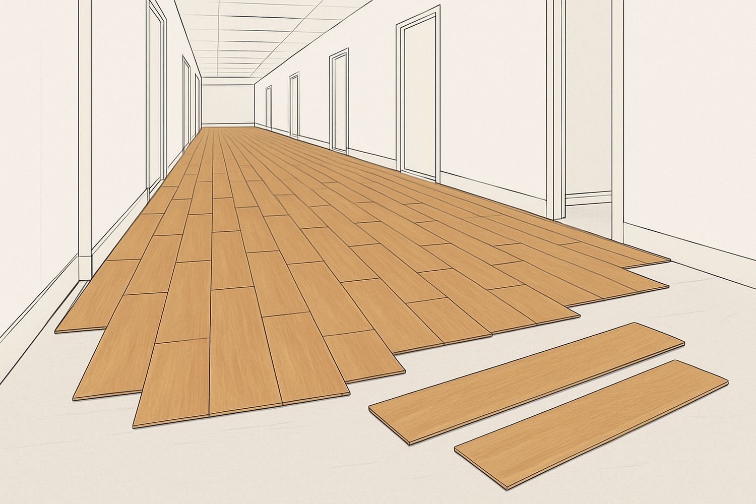 Illustration of luxury vinyl plank being laid in a staggered pattern along a corridor (illustration)