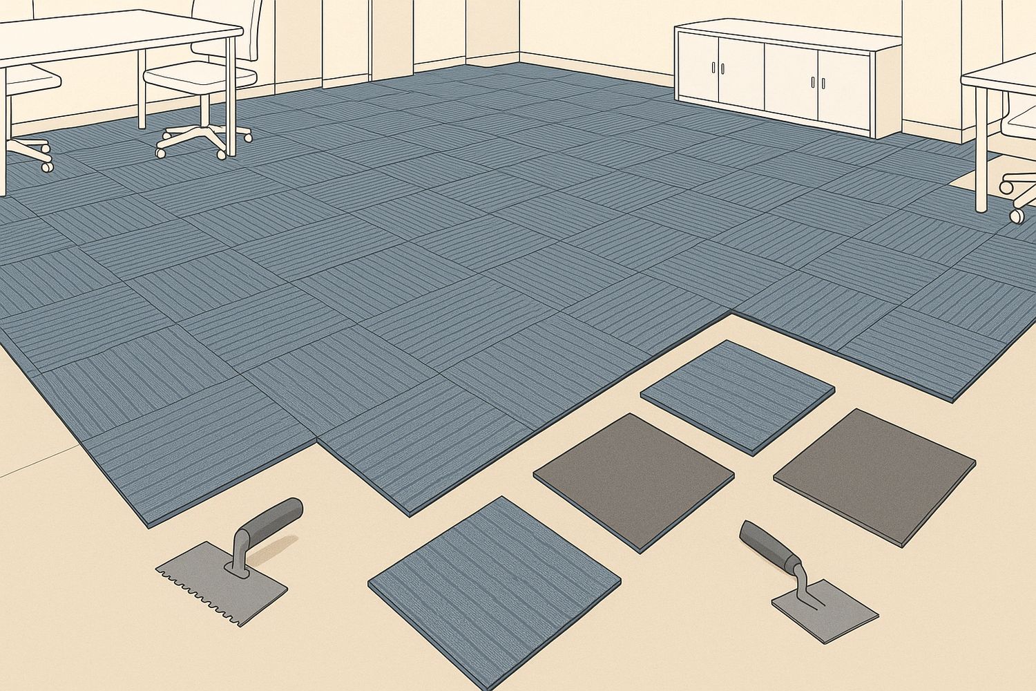 Illustration of carpet tiles laid in a quarter-turn pattern across an office floor (illustration)