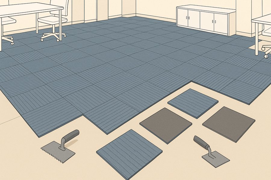 Illustration of carpet tiles laid in a quarter-turn pattern across an office floor (illustration)