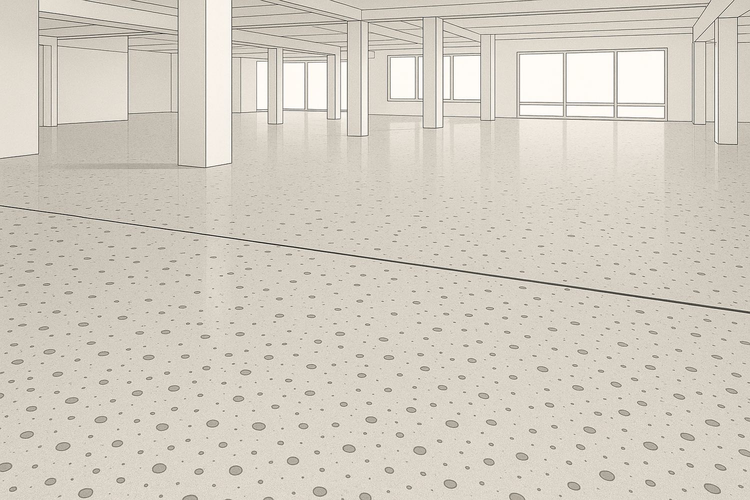 Illustration of a polished concrete floor showing exposed aggregate and an even sheen (illustration)
