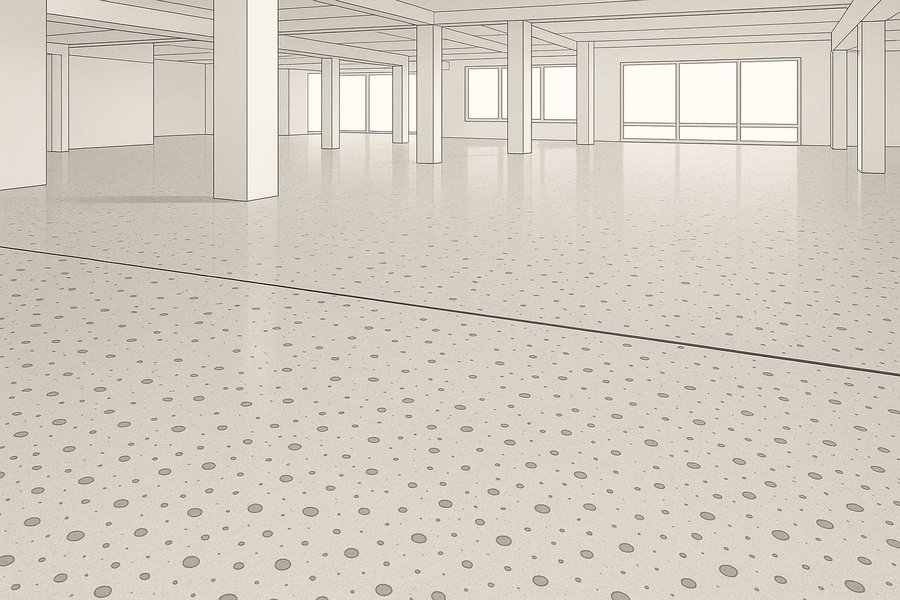 Illustration of a polished concrete floor showing exposed aggregate and an even sheen (illustration)