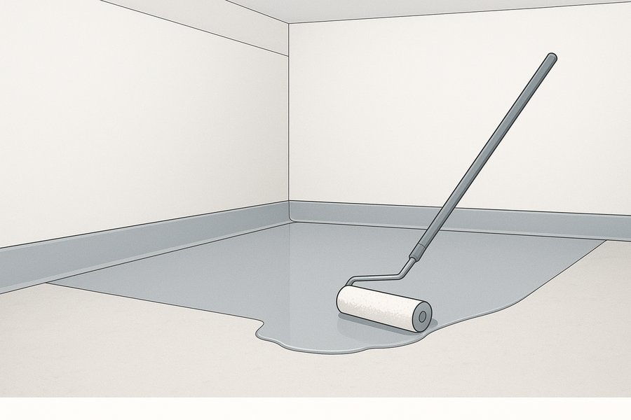 Illustration of a seamless resin floor coating turning up the wall as a coved skirting (illustration)