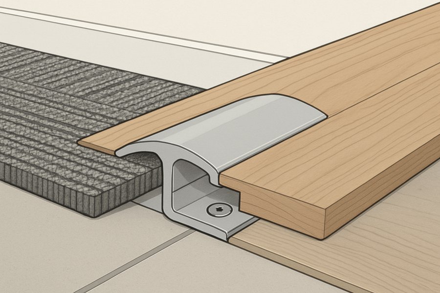 Illustration of a metal transition strip between plank flooring and carpet tile (illustration)