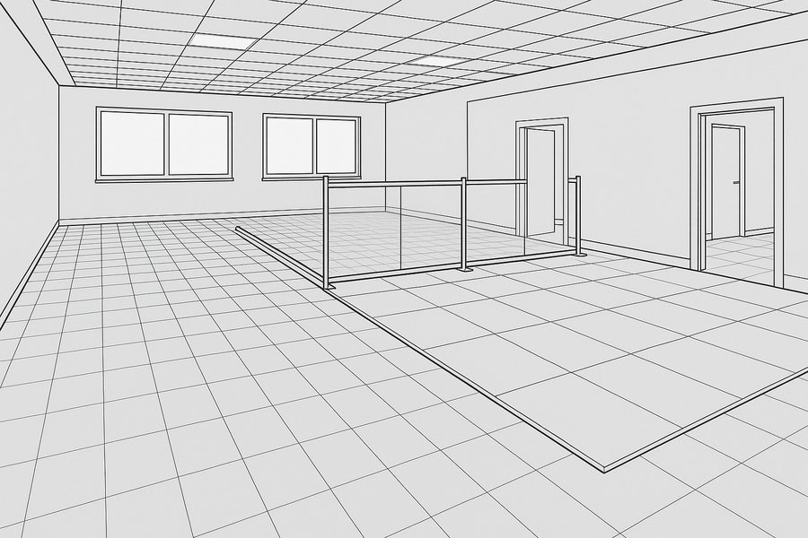 Illustration of a phased flooring installation with one half finished and protected (illustration)