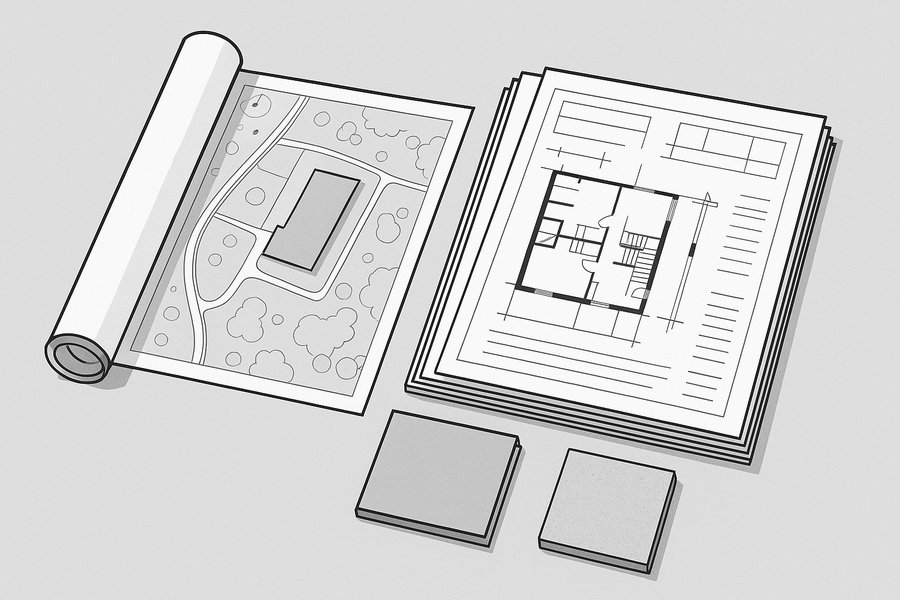 Illustration of a complete submission package laid out: drawings, a site plan, a folder and a sample (illustration)
