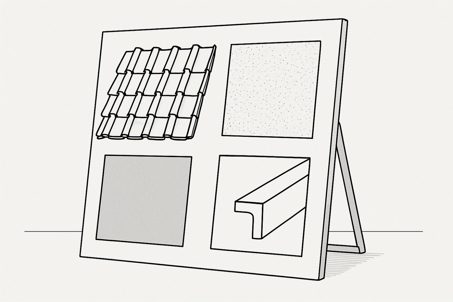 Illustration of a presentation board with mounted roof, render, paint and trim samples (illustration)