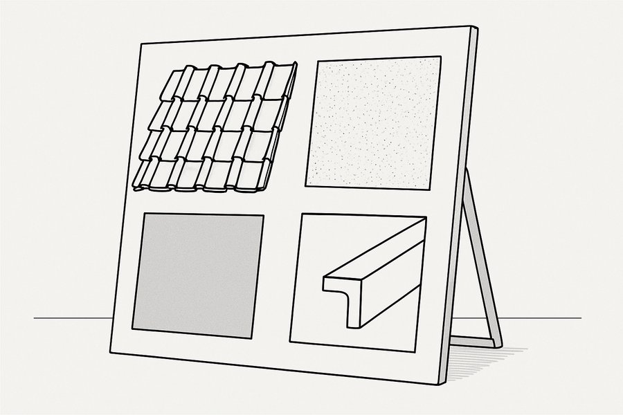 Illustration of a presentation board with mounted roof, render, paint and trim samples (illustration)