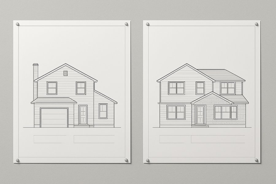 Illustration of existing and proposed elevation drawings pinned side by side (illustration)