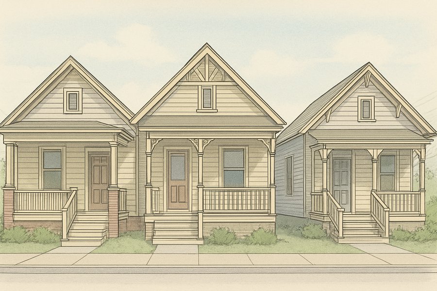 Illustration of a historic residential streetscape of three early twentieth-century houses (illustration)