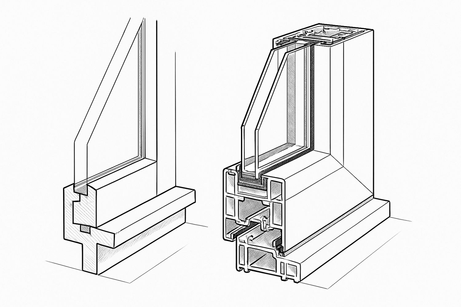 Illustration comparing a slim traditional window profile with a bulkier modern profile (illustration)