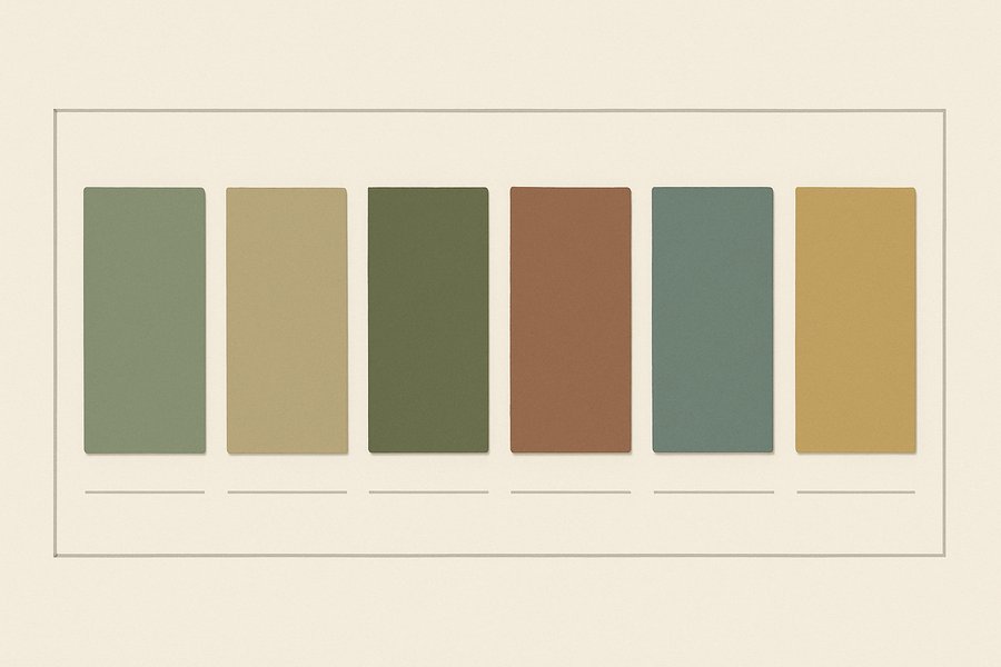 Illustration of a row of six muted heritage paint colour swatches (illustration)
