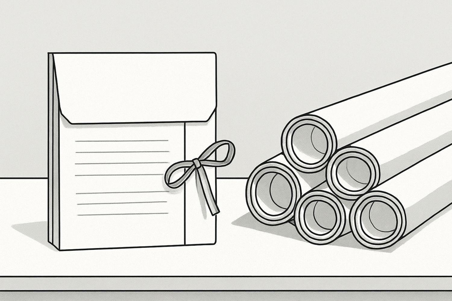 Illustration of a closed document wallet beside a stack of rolled drawings (illustration)