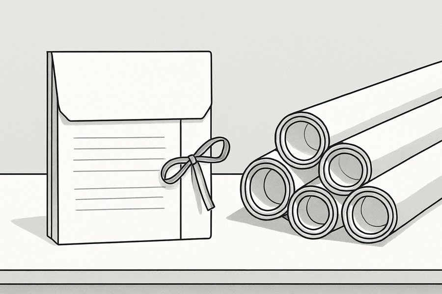 Illustration of a closed document wallet beside a stack of rolled drawings (illustration)