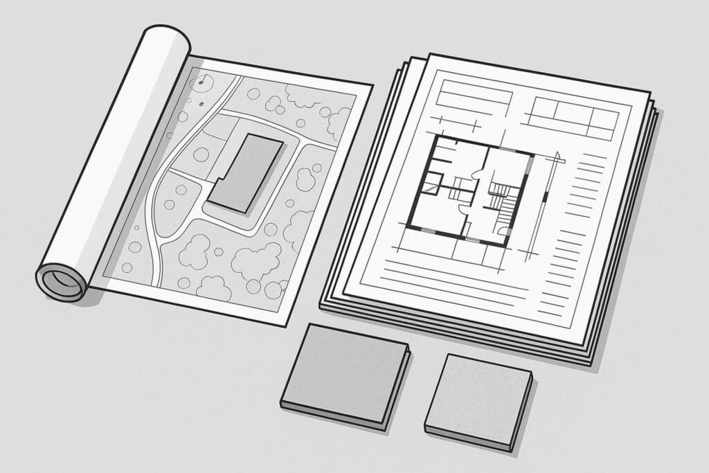 Illustration created for this guide showing a complete submission package: drawings, a site plan and material samples