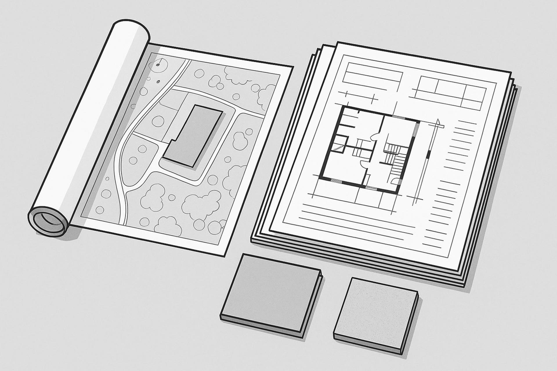 Illustration created for this guide showing a complete submission package: drawings, a site plan and material samples