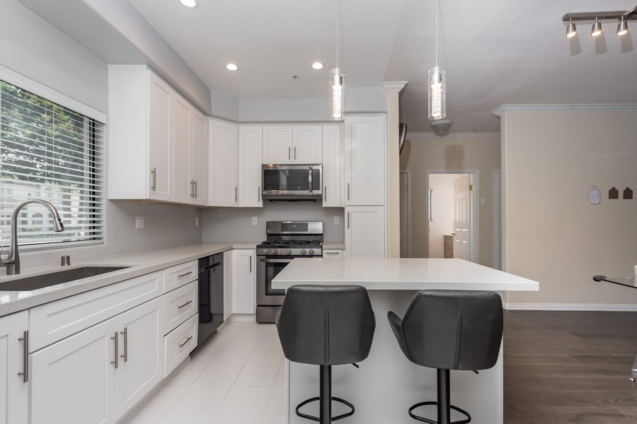 Compact kitchen island with seating for two in a smaller kitchen footprint