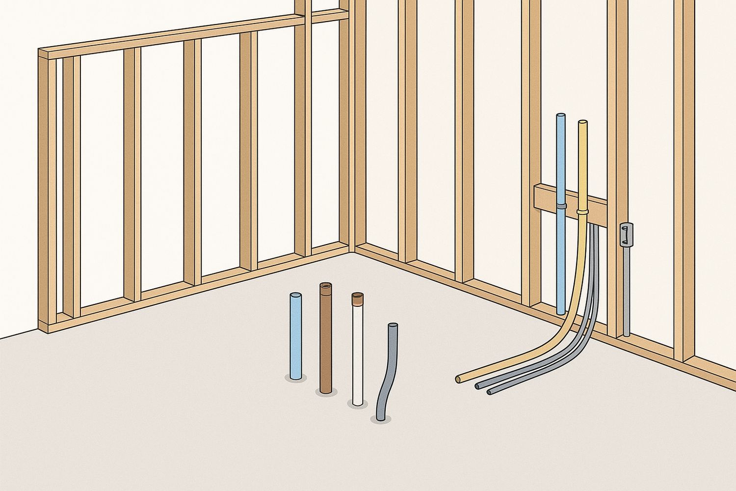 Illustration of a dental operatory at rough-in with services stubbed at the chair position (illustration)