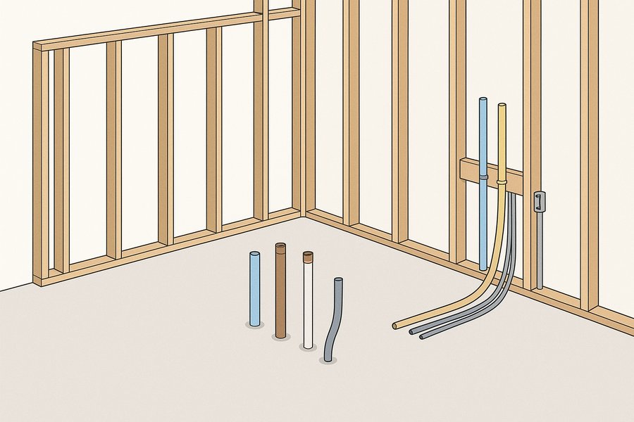 Illustration of a dental operatory at rough-in with services stubbed at the chair position (illustration)