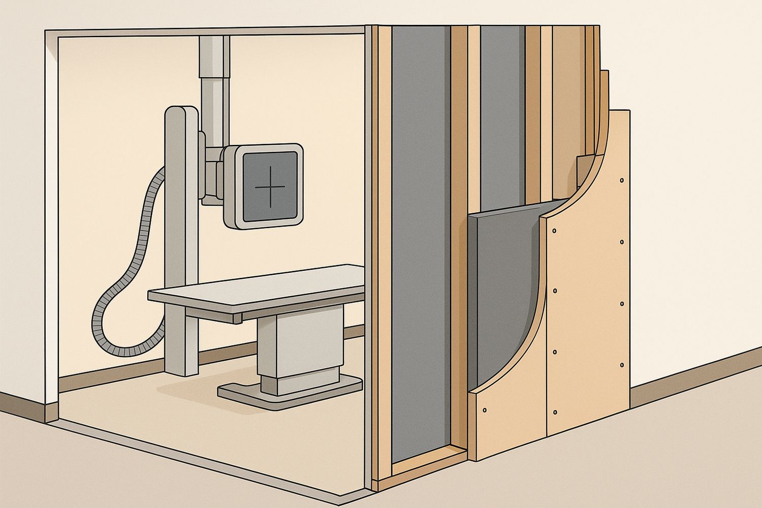 Illustration of a shielded wall build-up behind gypsum board at an imaging room (illustration)