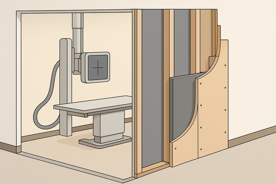 Illustration of a shielded wall build-up behind gypsum board at an imaging room (illustration)