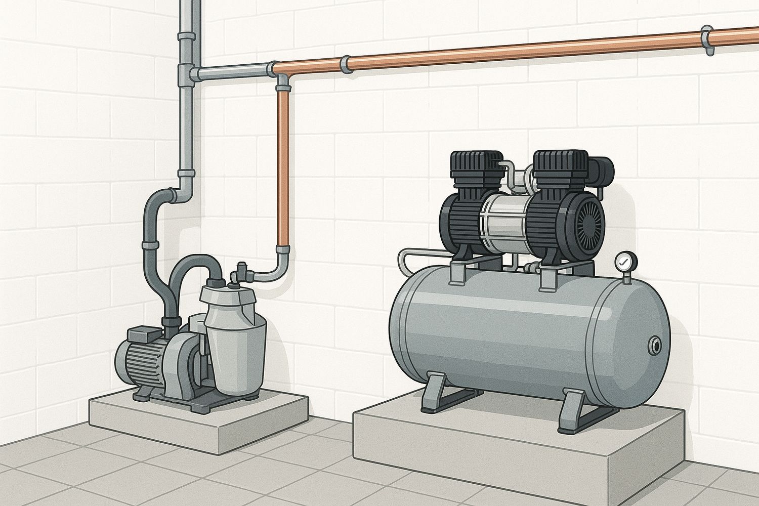 Illustration of a plant room with suction and compressed-air equipment serving treatment rooms (illustration)