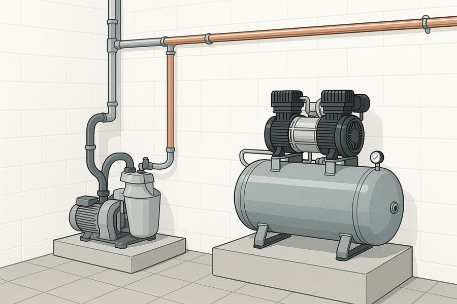Illustration of a plant room with suction and compressed-air equipment serving treatment rooms (illustration)