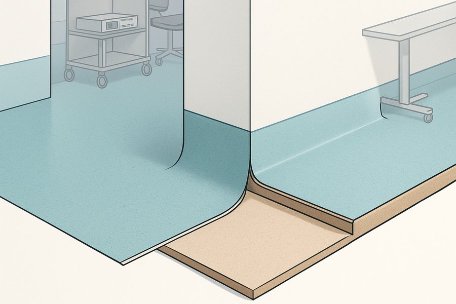 Illustration of a seamless floor covering coved continuously up the wall with no gap at the base (illustration)