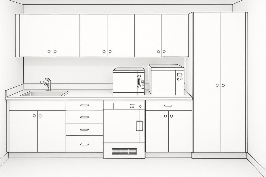 Illustration of a sterilisation room laid out as a one-way run from receiving sink to clean storage (illustration)