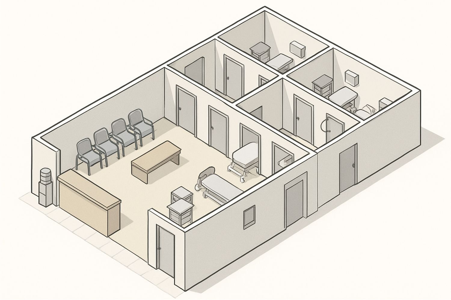 Illustration of a clinic plan with separate public and staff circulation routes (illustration)