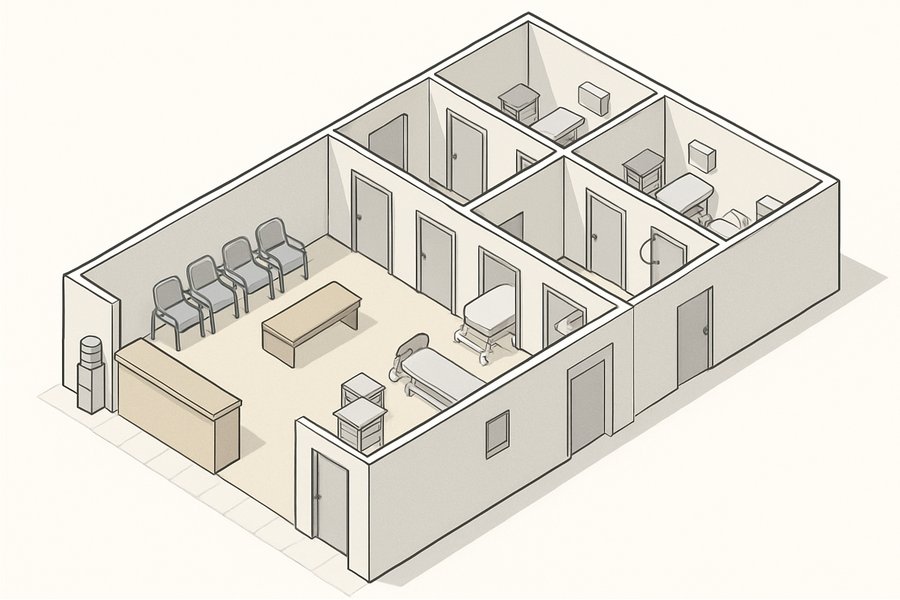 Illustration of a clinic plan with separate public and staff circulation routes (illustration)