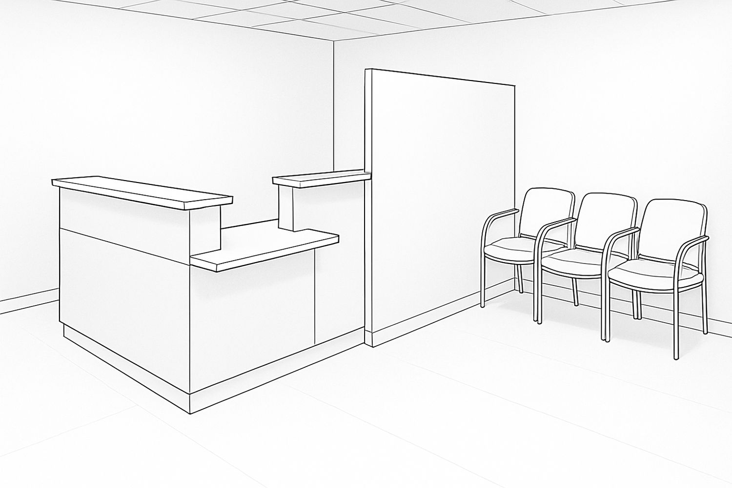 Illustration of a reception counter with a lower accessible section and a privacy screen to the waiting area (illustration)