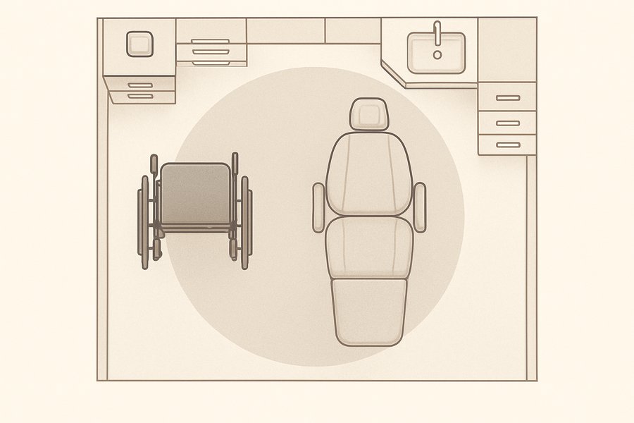 Illustration of an accessible treatment room plan showing the clear turning space beside the chair (illustration)