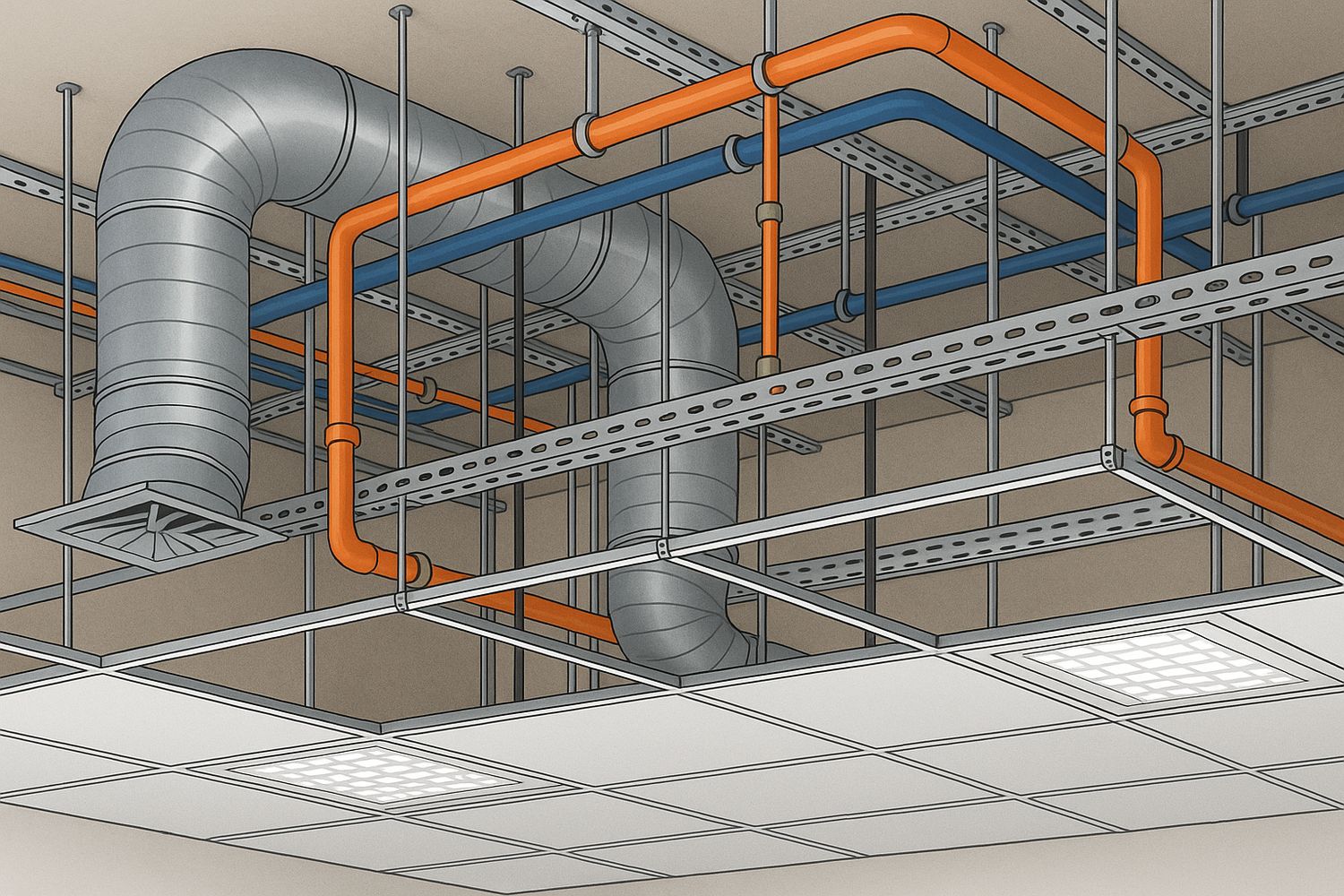 Illustration of coordinated ductwork, pipework and containment in the void above a suspended ceiling (illustration)