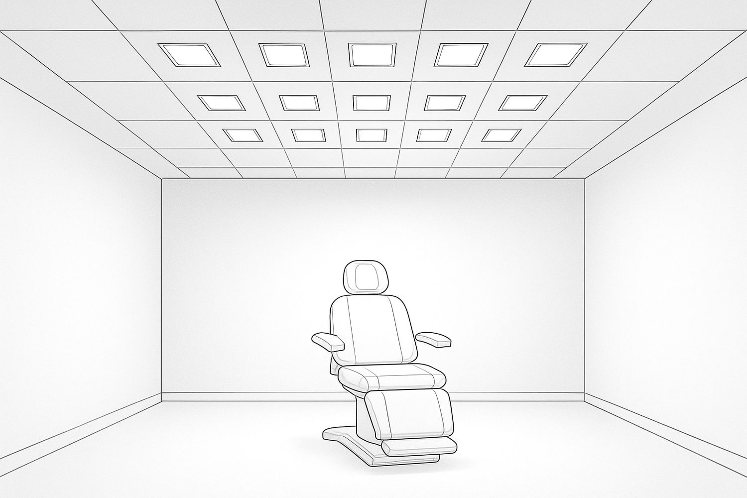 Illustration of an even grid of recessed ceiling lights over a treatment position (illustration)
