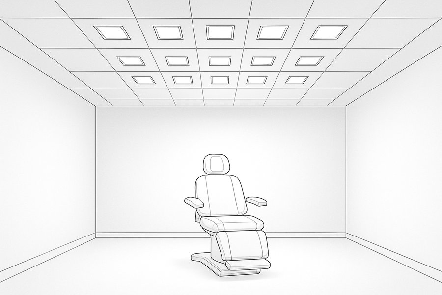 Illustration of an even grid of recessed ceiling lights over a treatment position (illustration)