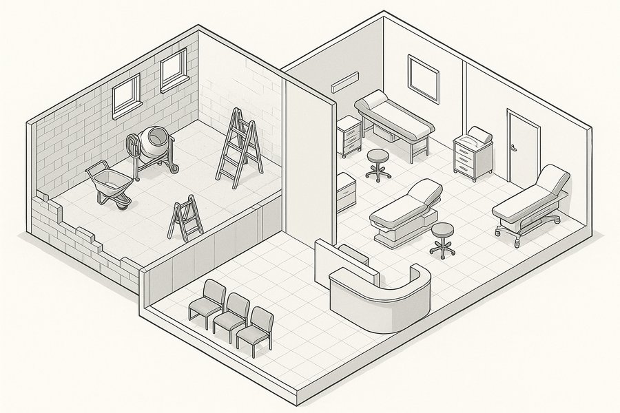 Illustration of a clinic divided by a temporary dust partition with one half in use and one half under construction (illustration)