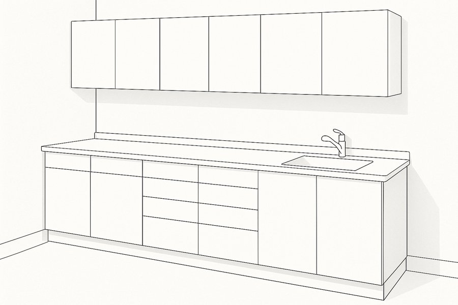 Illustration of clinical cabinetry with a seamless worktop, integrated sink and wipeable faces (illustration)