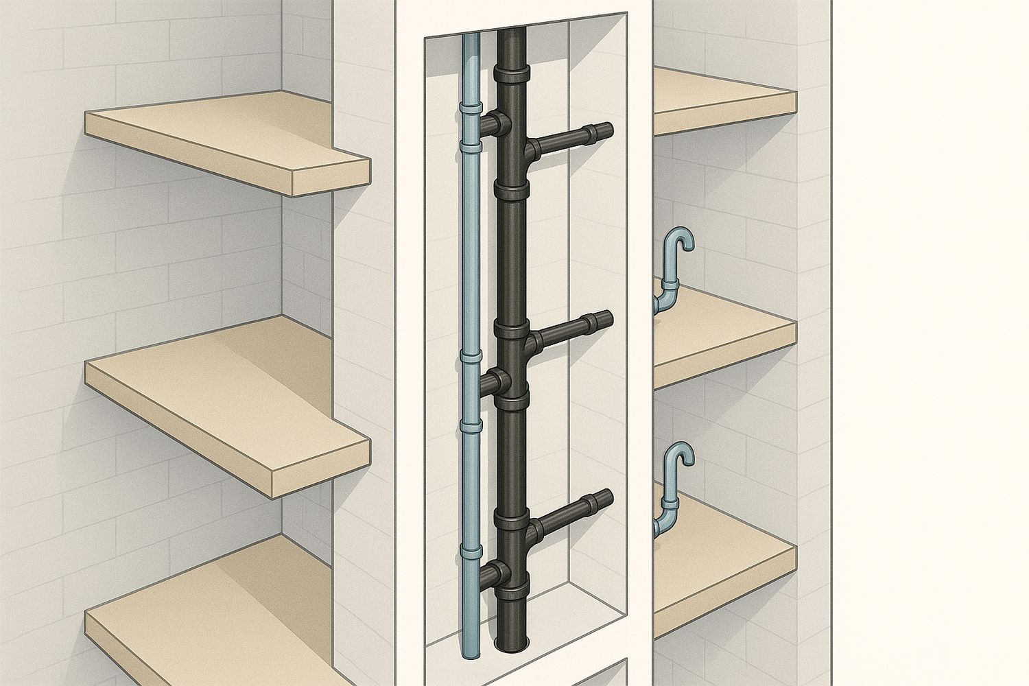 Illustration of a vertical plumbing riser serving stacked units on three floor levels (illustration)