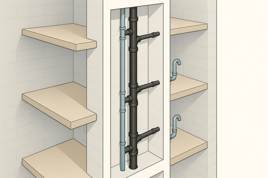Illustration of a vertical plumbing riser serving stacked units on three floor levels (illustration)