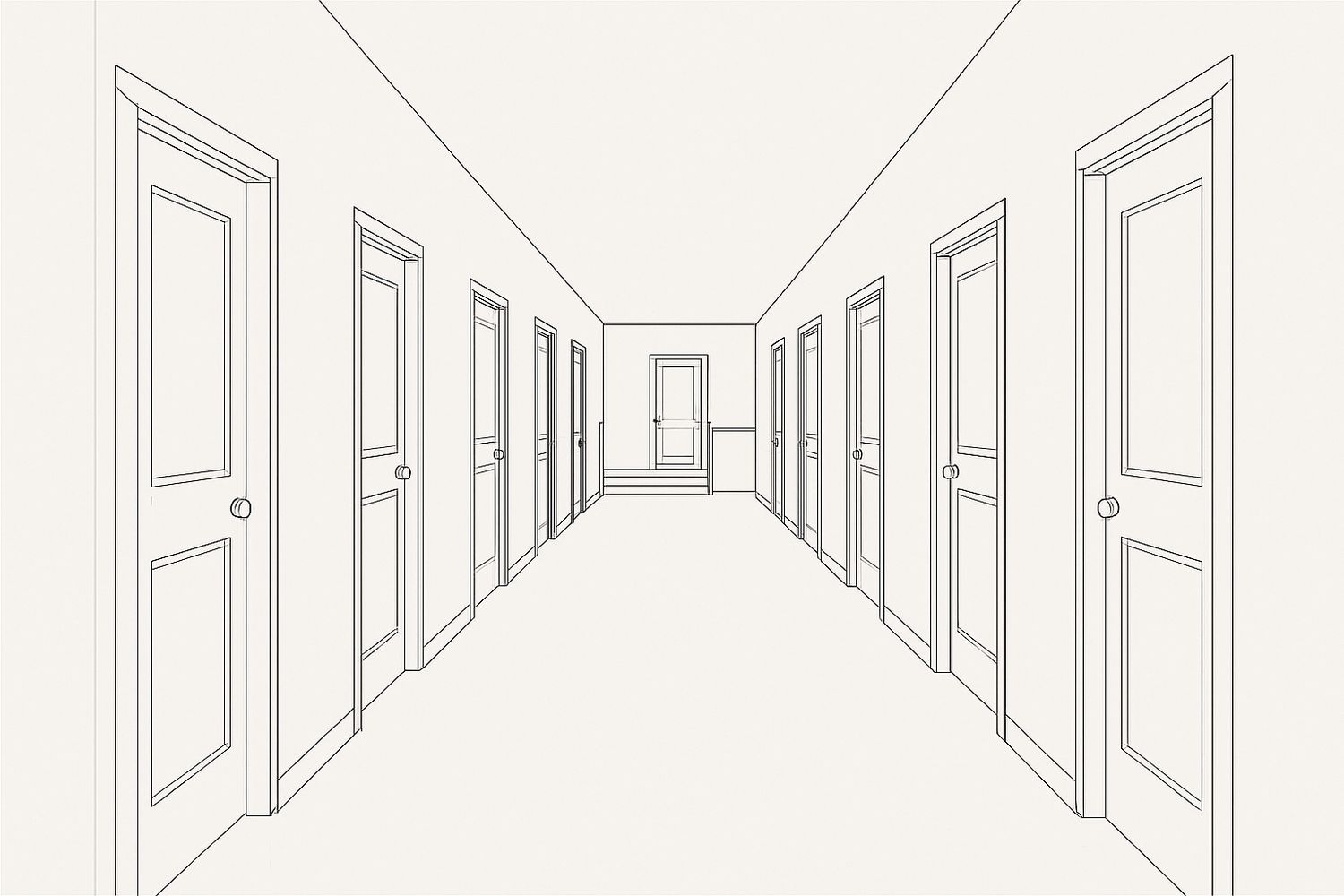 Illustration of a common corridor with unit entrance doors and an exit stair beyond (illustration)