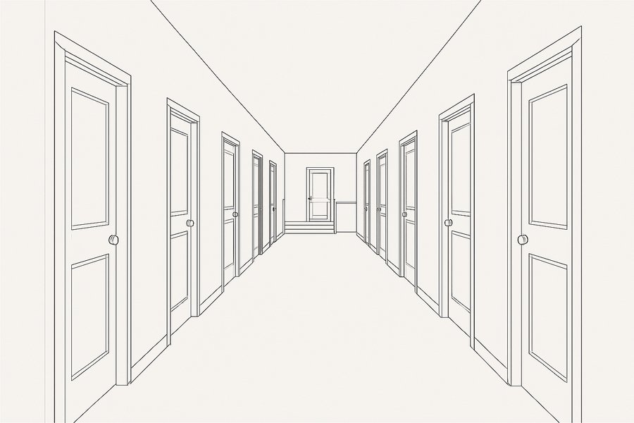 Illustration of a common corridor with unit entrance doors and an exit stair beyond (illustration)