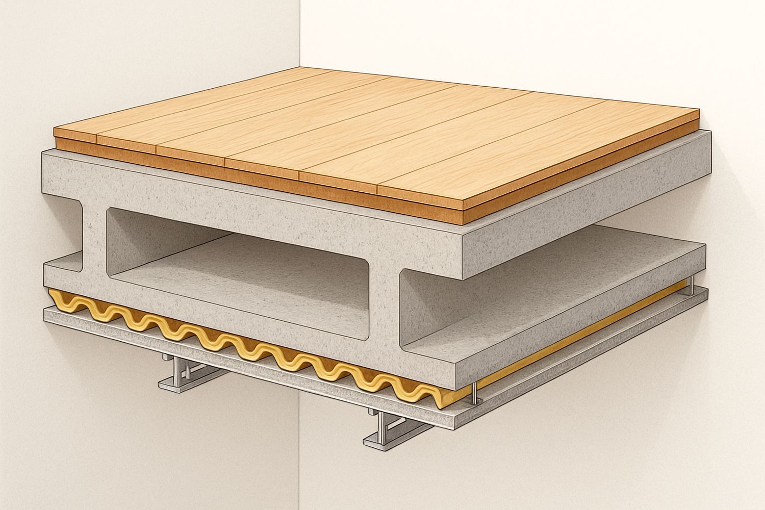 Illustration of a floor and ceiling assembly with a resilient layer between stacked units (illustration)